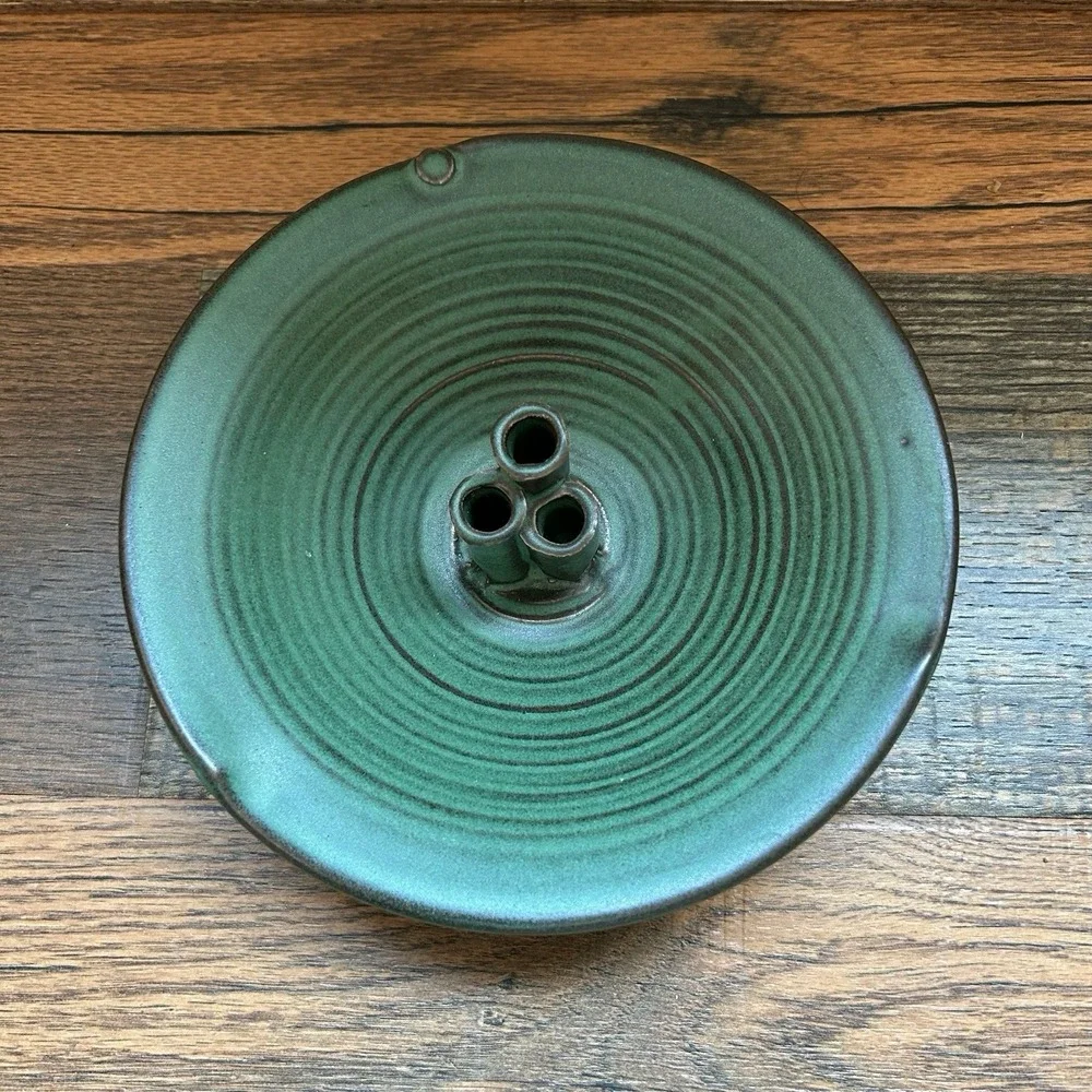 Studio Pottery Flower Frog Bowl Signed Green Glaze Ikebana Vase Holder